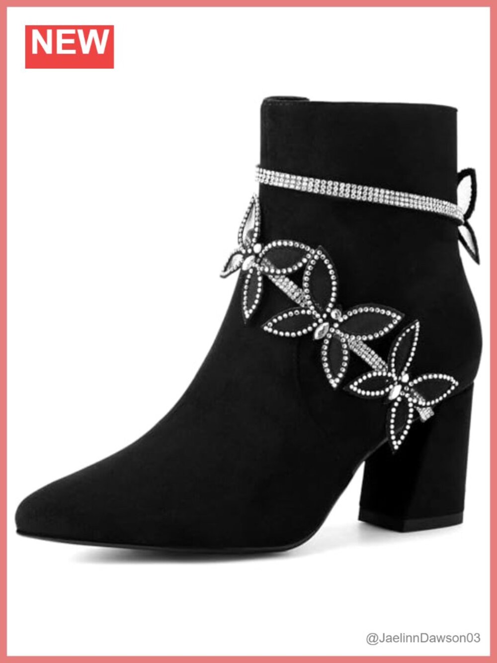 Butterfly Rhinestone Chunky Heel Ankle Boots Women Faux Suede Block Heel